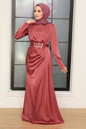 Tesettürlü Abiye Elbise - Robe de Soirée Hijab Satin Rose Séchée 3606GK - 1