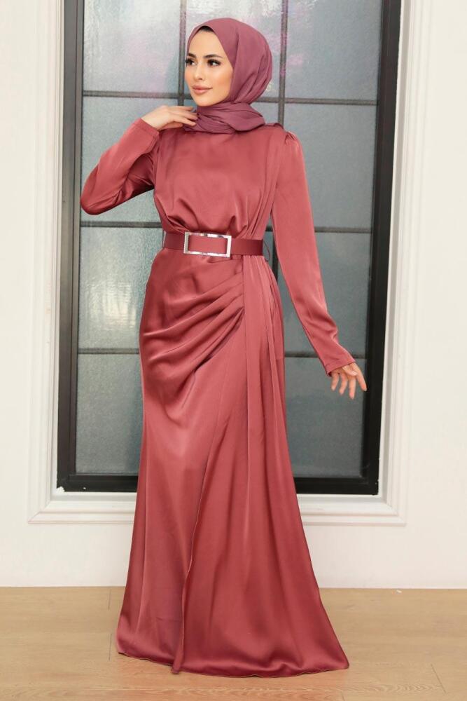 Tesettürlü Abiye Elbise - Robe de Soirée Hijab Satin Rose Séchée 3606GK - 1