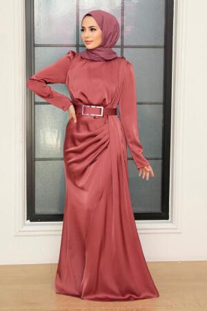 Tesettürlü Abiye Elbise - Robe de Soirée Hijab Satin Rose Séchée 3606GK - 2