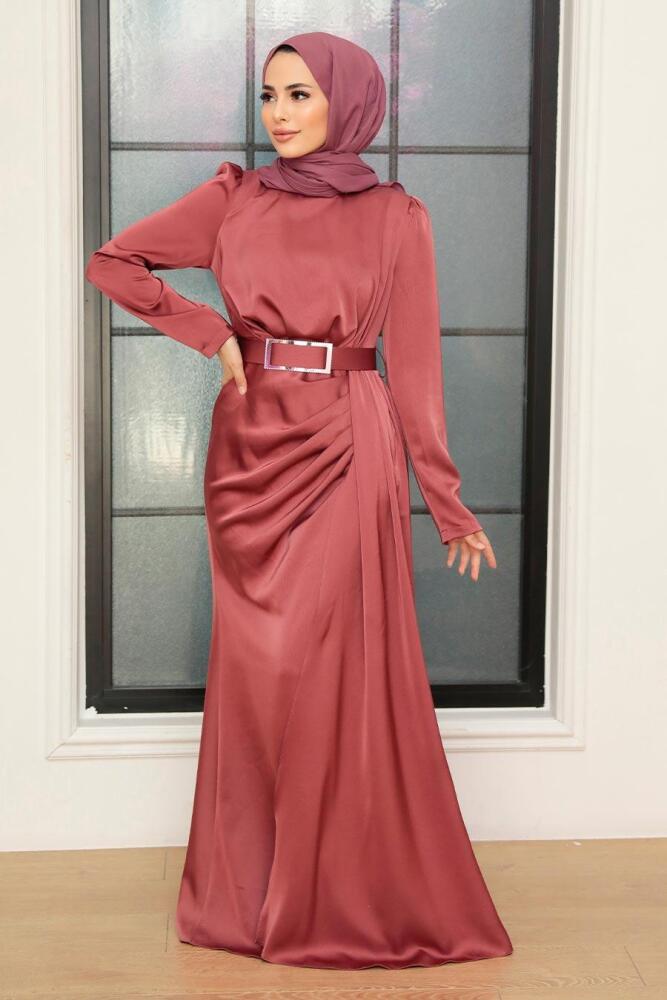 Tesettürlü Abiye Elbise - Robe de Soirée Hijab Satin Rose Séchée 3606GK - 2