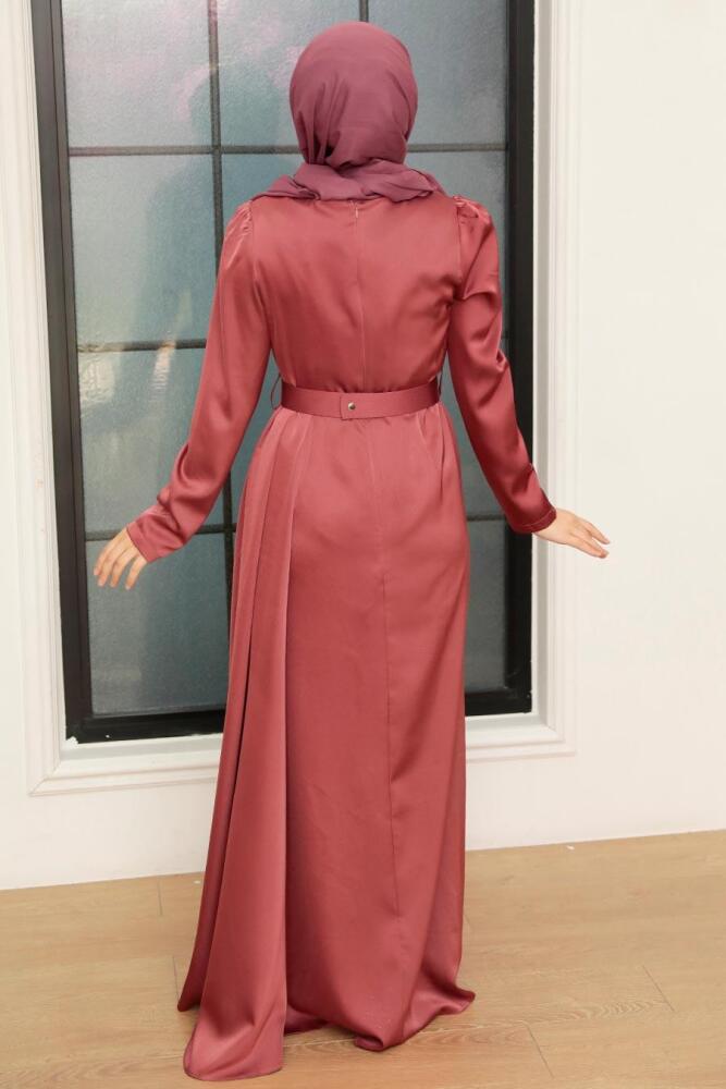 Tesettürlü Abiye Elbise - Robe de Soirée Hijab Satin Rose Séchée 3606GK - 3