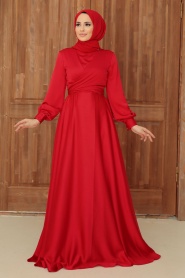 Tesettürlü Abiye Elbise - Robe de Soirée Hijab Satin Rouge 33871K - Thumbnail