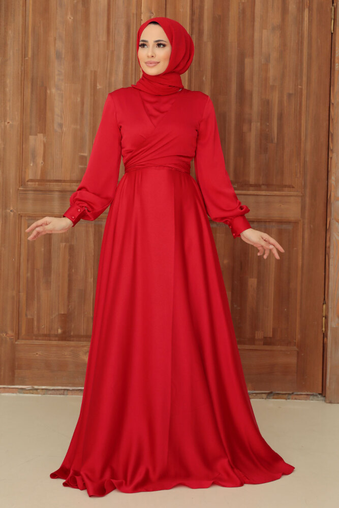 Tesettürlü Abiye Elbise - Robe de Soirée Hijab Satin Rouge 33871K - 1
