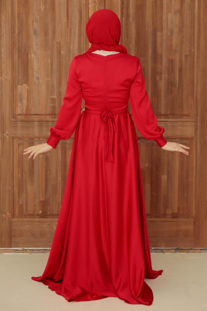Tesettürlü Abiye Elbise - Robe de Soirée Hijab Satin Rouge 33871K - 2