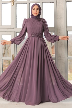 Tesettürlü Abiye Elbise - Robe de soirée Hijab séchée rose foncé 21951KGK - 2