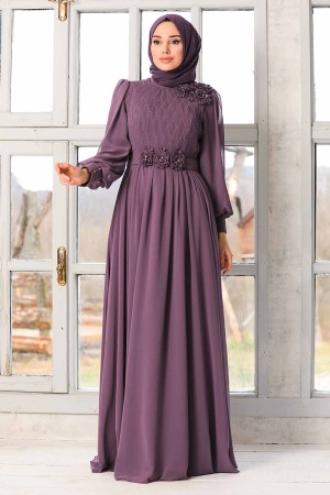 Tesettürlü Abiye Elbise - Robe de soirée Hijab séchée rose foncé 21951KGK - 3