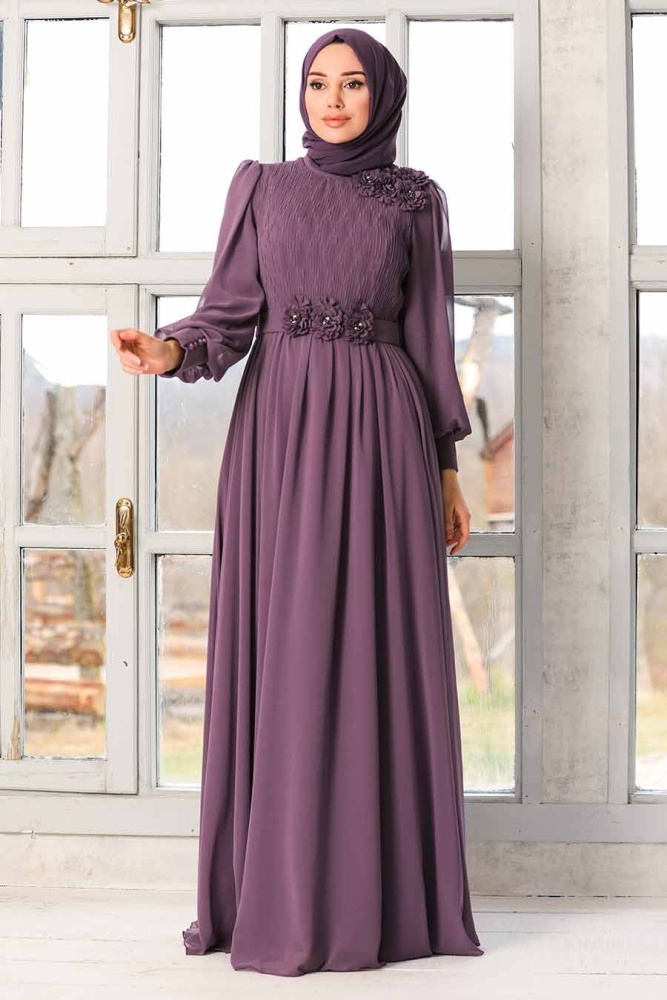 Tesettürlü Abiye Elbise - Robe de soirée Hijab séchée rose foncé 21951KGK - 3