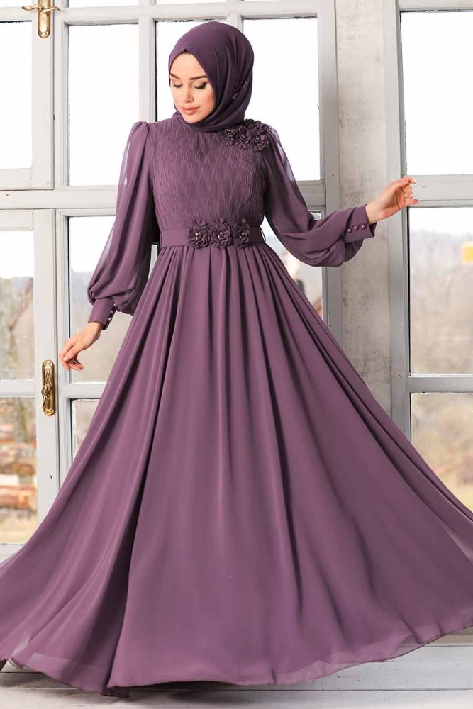 Tesettürlü Abiye Elbise - Robe de soirée Hijab séchée rose foncé 21951KGK - 4