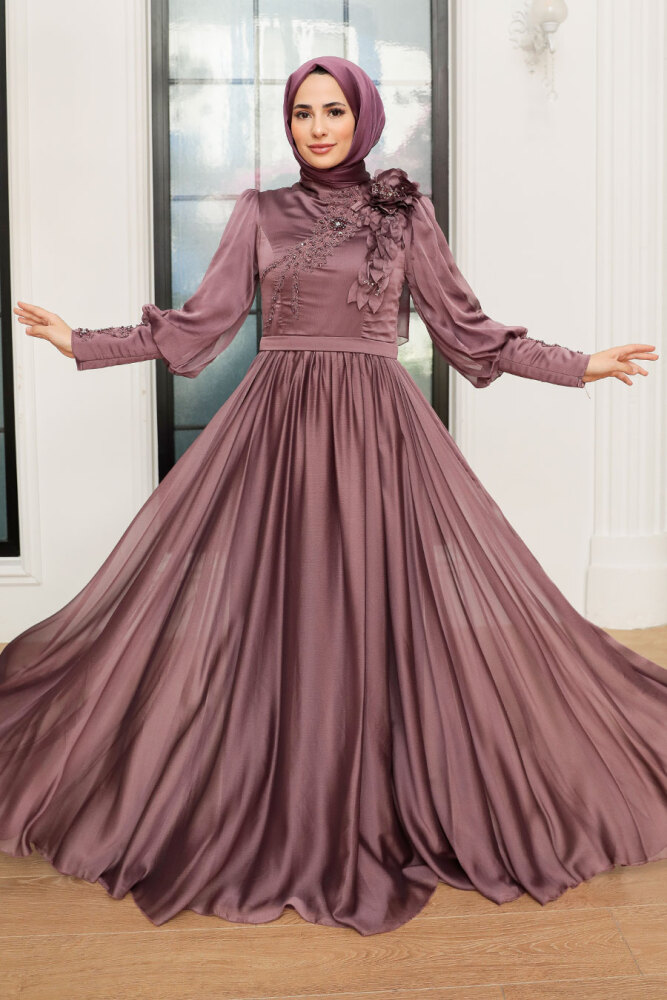 Tesettürlü Abiye Elbise - Robe de soirée hijab séchée rose foncé 21960KGK - 1