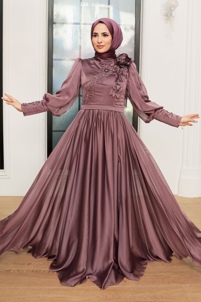Tesettürlü Abiye Elbise - Robe de soirée hijab séchée rose foncé 21960KGK - 2