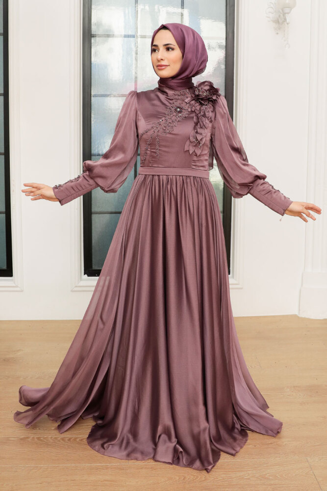 Tesettürlü Abiye Elbise - Robe de soirée hijab séchée rose foncé 21960KGK - 3
