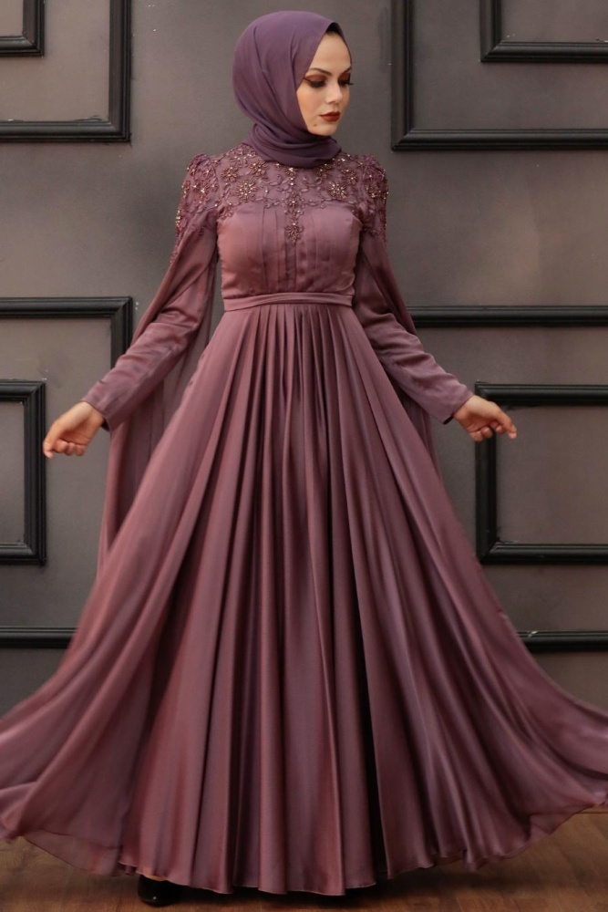 Tesettürlü Abiye Elbise - Robe de soirée Hijab séchée rose foncé 21990KGK - 1