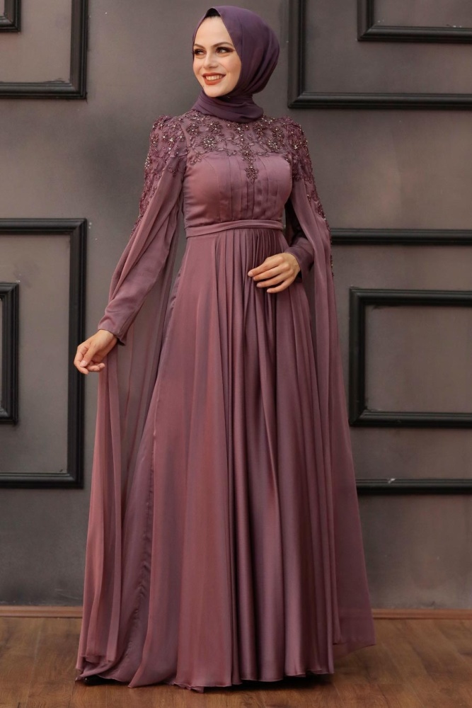 Tesettürlü Abiye Elbise - Robe de soirée Hijab séchée rose foncé 21990KGK - 2