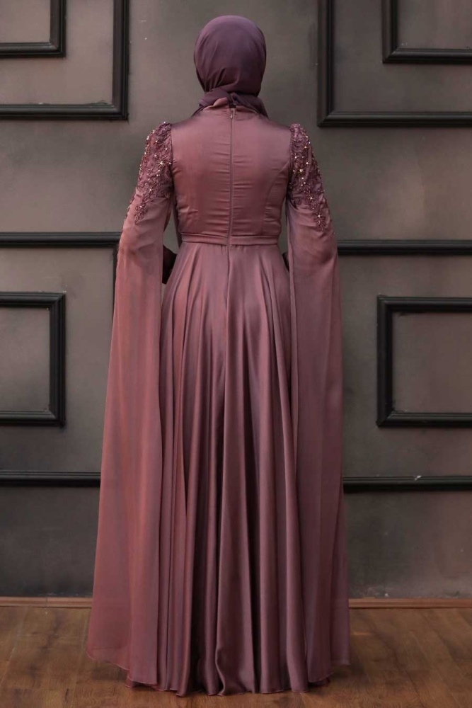 Tesettürlü Abiye Elbise - Robe de soirée Hijab séchée rose foncé 21990KGK - 3