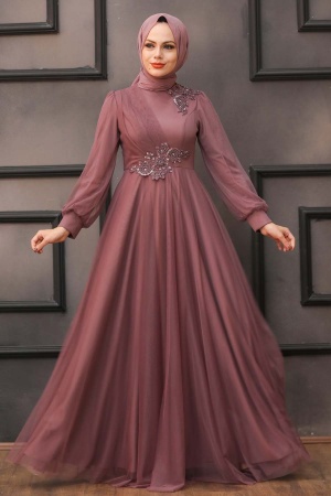 Tesettürlü Abiye Elbise - Robe de soirée Hijab séchée rose foncé 22061KGK - 1