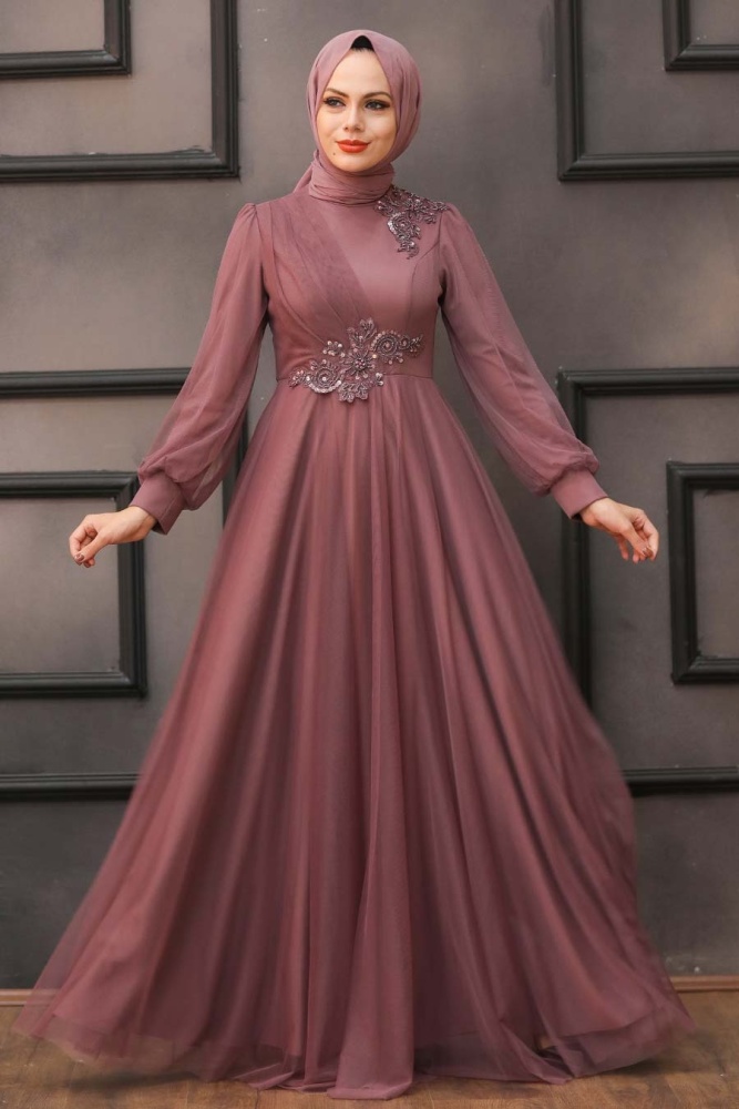 Tesettürlü Abiye Elbise - Robe de soirée Hijab séchée rose foncé 22061KGK - 1