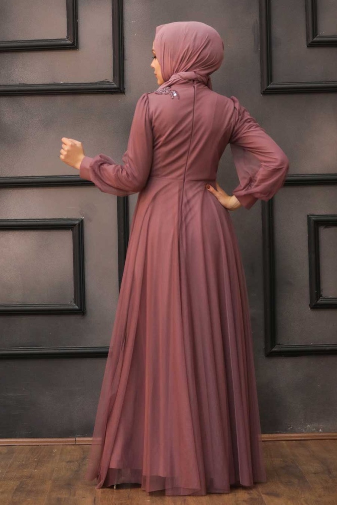 Tesettürlü Abiye Elbise - Robe de soirée Hijab séchée rose foncé 22061KGK - 2