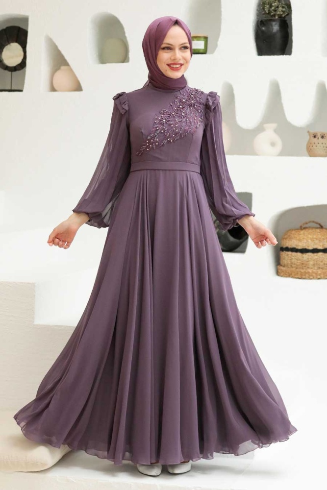 Tesettürlü Abiye Elbise - Robe de soirée Hijab séchée rose foncé 22110KGK - 3