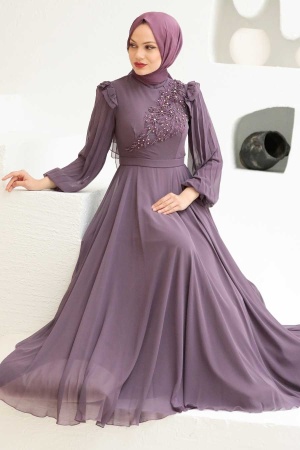 Tesettürlü Abiye Elbise - Robe de soirée Hijab séchée rose foncé 22110KGK - 2