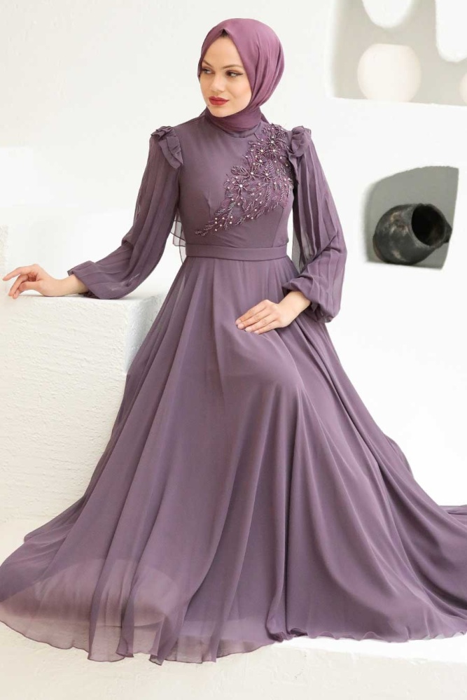 Tesettürlü Abiye Elbise - Robe de soirée Hijab séchée rose foncé 22110KGK - 2