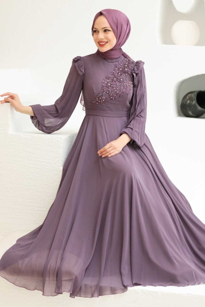 Tesettürlü Abiye Elbise - Robe de soirée Hijab séchée rose foncé 22110KGK - 1