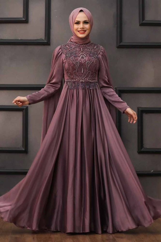Tesettürlü Abiye Elbise - Robe de soirée hijab séchée rose foncé 22162KGK - 1