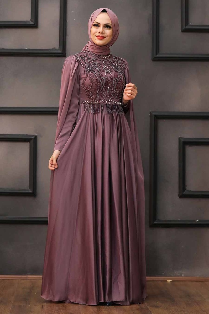 Tesettürlü Abiye Elbise - Robe de soirée hijab séchée rose foncé 22162KGK - 2