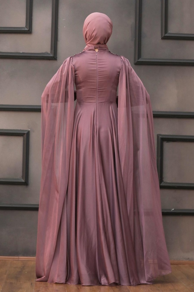 Tesettürlü Abiye Elbise - Robe de soirée hijab séchée rose foncé 22162KGK - 5