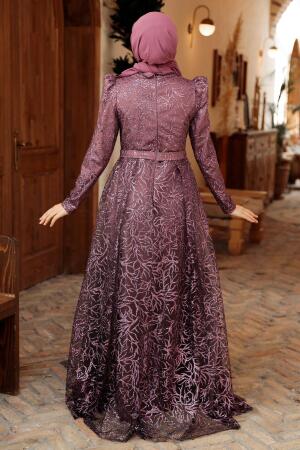 Tesettürlü Abiye Elbise - Robe de soirée hijab séchée rose foncé 22602KGK - 3