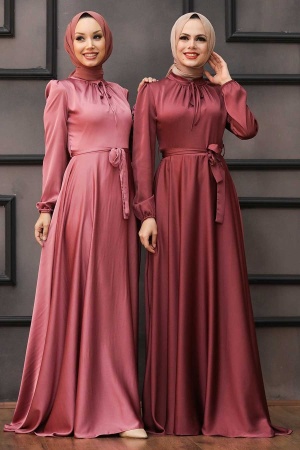 Tesettürlü Abiye Elbise -Robe de soirée hijab séchée rose foncé 25130KGK - 4