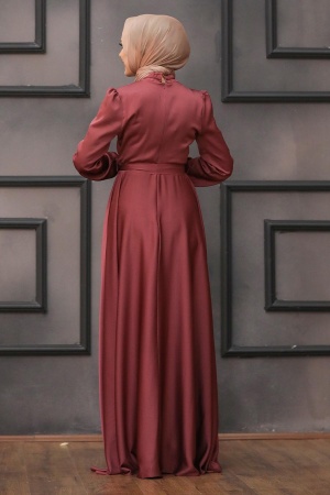 Tesettürlü Abiye Elbise -Robe de soirée hijab séchée rose foncé 25130KGK - 5