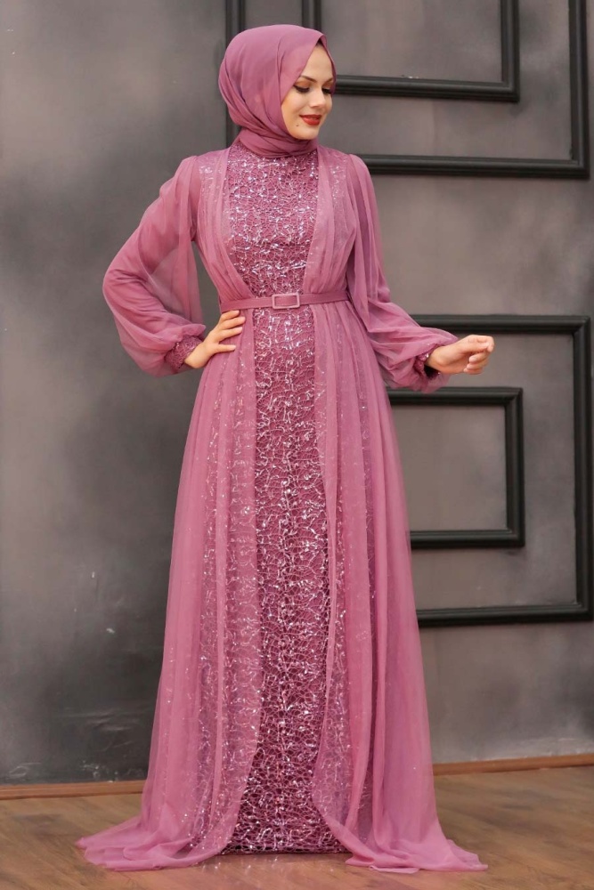 Tesettürlü Abiye Elbise - Robe de soirée Hijab séchée rose foncé 5383KGK - 2