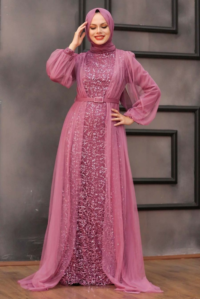 Tesettürlü Abiye Elbise - Robe de soirée Hijab séchée rose foncé 5383KGK - 3