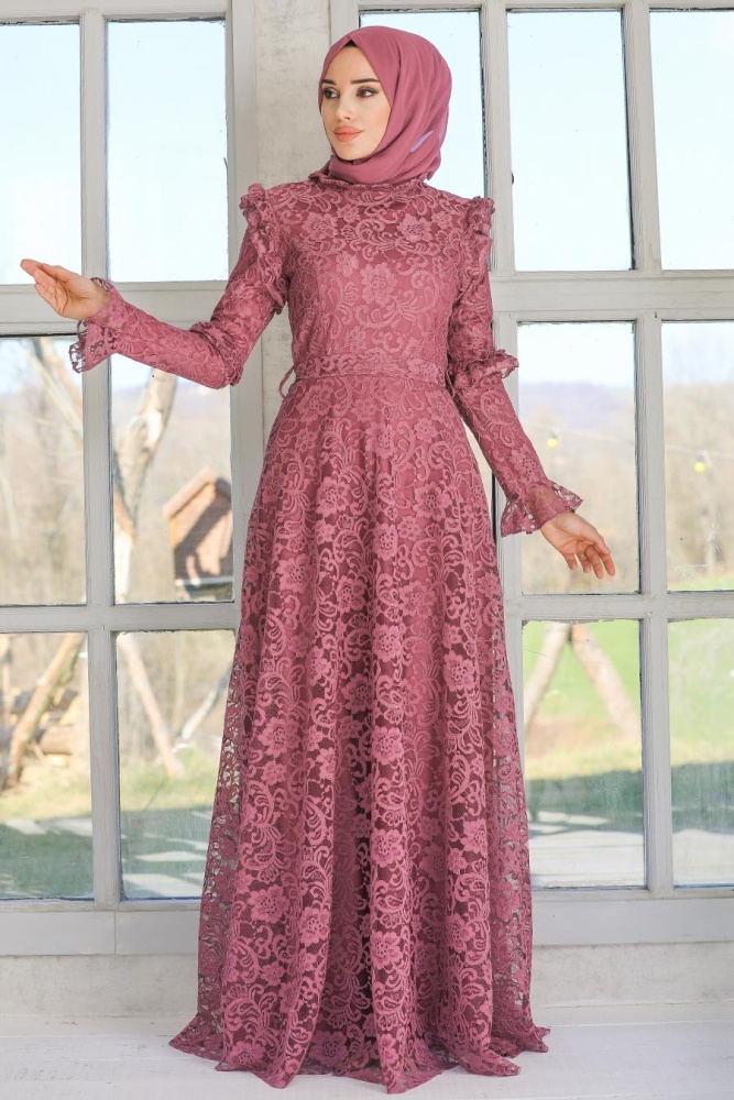 Tesettürlü Abiye Elbise -Robe de soirée Hijab séchée rose foncé 54750KGK - 1