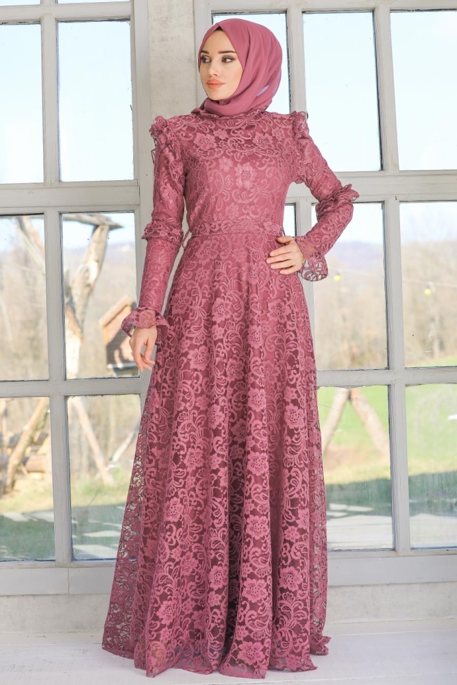 Tesettürlü Abiye Elbise -Robe de soirée Hijab séchée rose foncé 54750KGK - 2