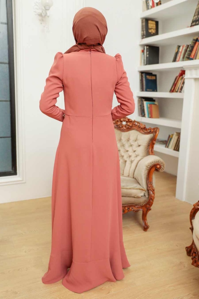 Tesettürlü Abiye Elbise - Robe de Soirée Hijab Terre Cuite 3225KRMT - 2