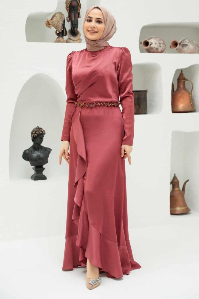 Tesettürlü Abiye Elbise - Robe de Soirée Hijab Terre Cuite 3381KRMT - 2