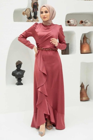 Tesettürlü Abiye Elbise - Robe de Soirée Hijab Terre Cuite 3381KRMT - 4