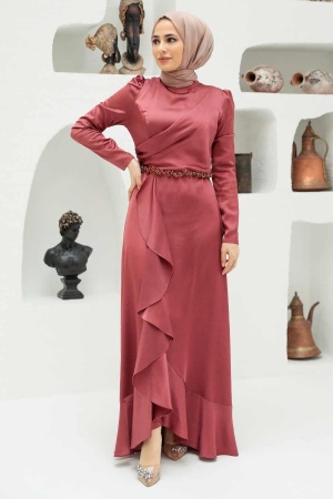 Tesettürlü Abiye Elbise - Robe de Soirée Hijab Terre Cuite 3381KRMT - 5