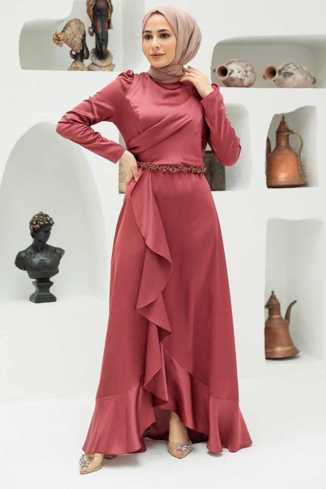 Tesettürlü Abiye Elbise - Robe de Soirée Hijab Terre Cuite 3381KRMT - 1