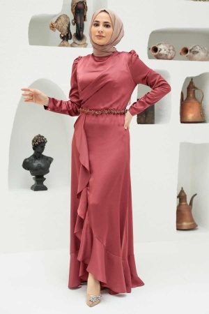 Tesettürlü Abiye Elbise - Robe de Soirée Hijab Terre Cuite 3381KRMT - 3
