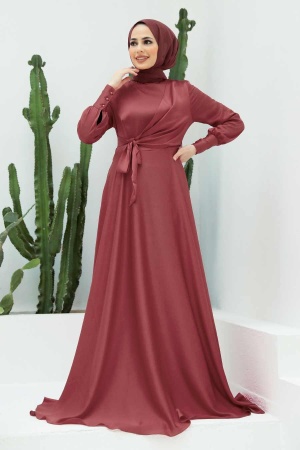 Tesettürlü Abiye Elbise - Robe de Soirée Hijab Terre Cuite Foncé 1420KKRMT - 1