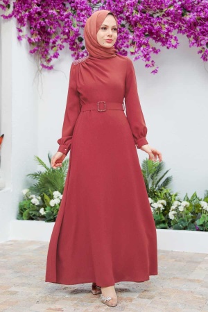 Tesettürlü Abiye Elbise - Robe de Soirée Hijab Terre Cuite Foncé 3295KKRMT - 1