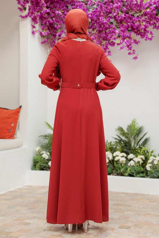 Tesettürlü Abiye Elbise - Robe de Soirée Hijab Terre Cuite Foncé 3295KKRMT - 2