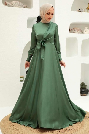 Tesettürlü Abiye Elbise - Robe de Soirée Hijab Vert 1420CY - 1