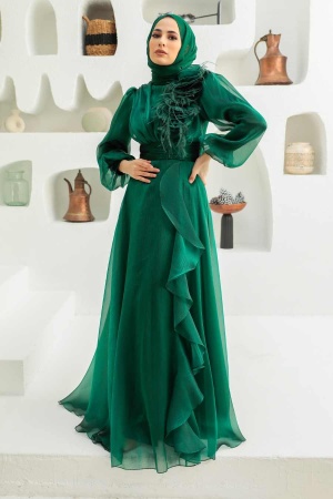 Tesettürlü Abiye Elbise - Robe de Soirée Hijab Vert 22321Y - Thumbnail