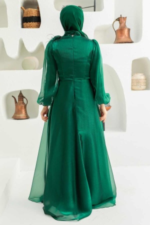 Tesettürlü Abiye Elbise - Robe de Soirée Hijab Vert 22321Y - Thumbnail