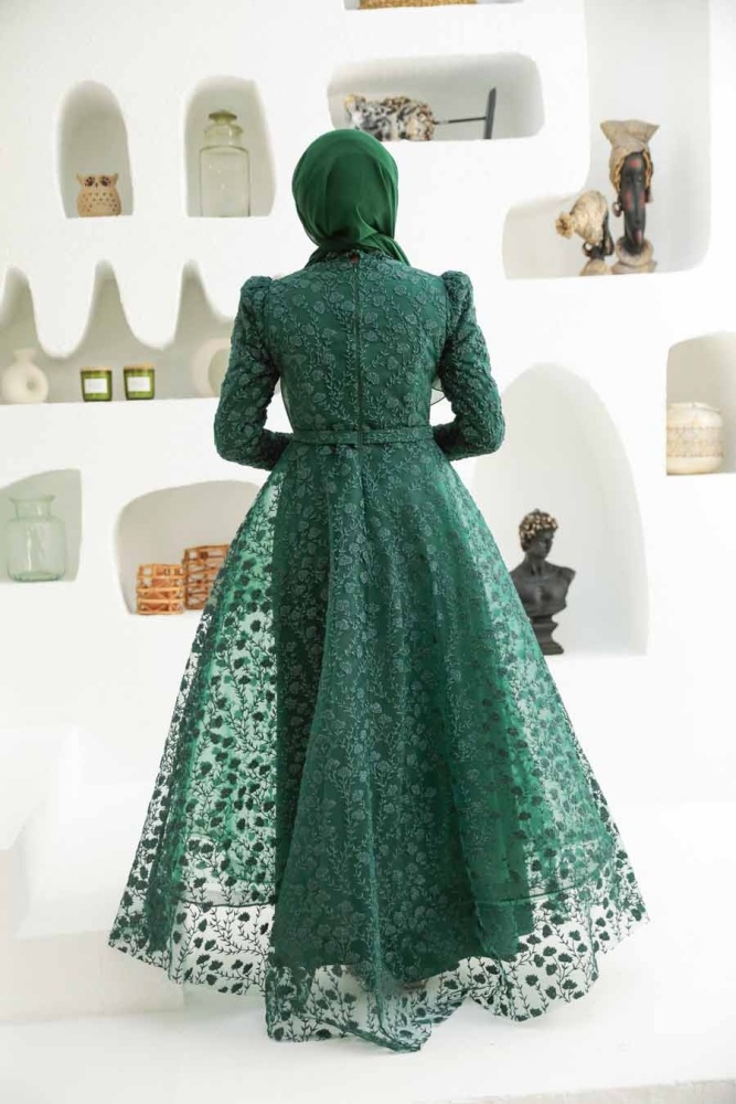 Tesettürlü Abiye Elbise - Robe de Soirée Hijab Vert 22343Y - 2