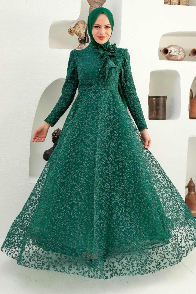 Tesettürlü Abiye Elbise - Robe de Soirée Hijab Vert 22421Y - 1