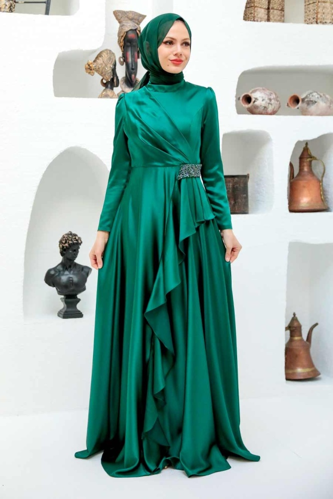 Tesettürlü Abiye Elbise - Robe de Soirée Hijab Vert 22431Y - 1